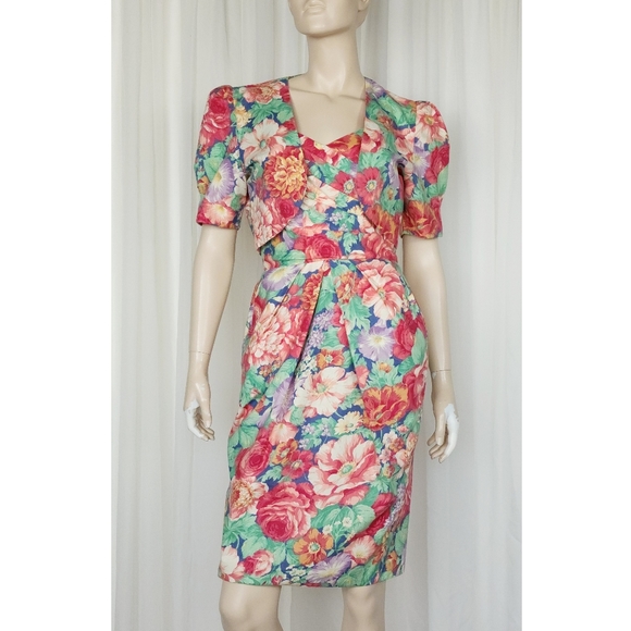 Vintage 80s 2pc floral cotton wiggle dress with crop bolero jacket S - Picture 7 of 10